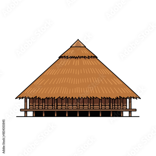 Traditional Thatched Roof Hut on Stilts Vector Illustration, Rustic Indigenous Dwelling with Woven Walls and Tiered Palm Leaf Thatch
