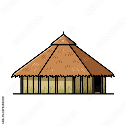 Traditional Thatched Roof Hut with Bamboo Walls and Grass Foundation, Simple Tropical Dwelling Illustration