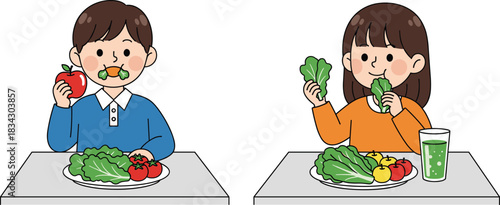 Cute Boy and Girl Eating Fresh Fruits and Vegetables Vector Illustration Showing Healthy Nutrition Food Habits for Kids Concept