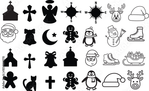 Assorted Holiday and Religious Icons in Black and White Vector Graphics