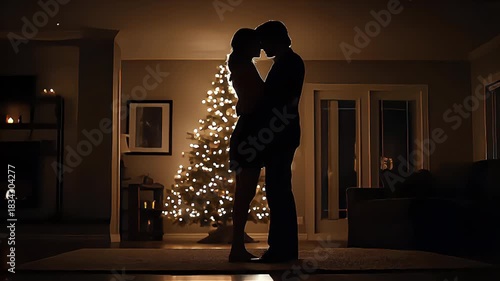 Silent Embrace: Couples in Love by Christmas Tree Glow