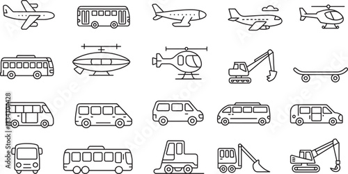 Collection of Transport Icons Various Vehicles and Construction Machinery in Outline Style