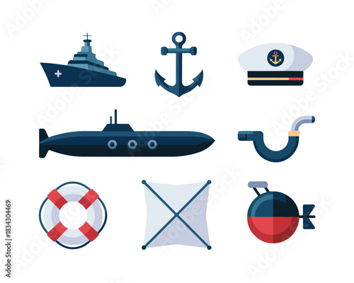 Collection of nautical icons featuring ship anchor captain hat submarine life buoy signal flag depicting maritime elements for projects