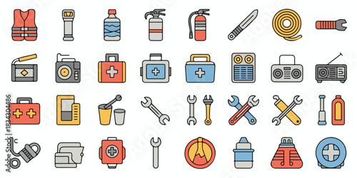Emergency safety equipment icons featuring life vest flashlight extinguisher knife rope and wrench for accident prevention and preparedness