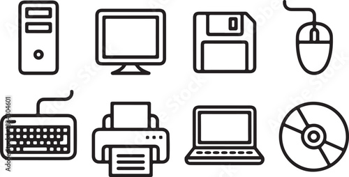 Old Computer Devices Line Style, Technology Equipment of Past Generations as Personal Computer, Monitor, Floppy Disk, Mouse and Keyboard