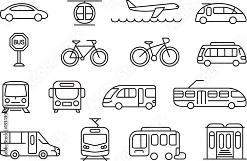 Collection of various transportation methods in outline vector design style