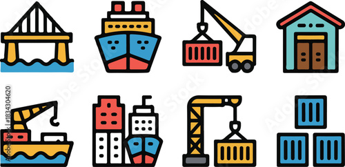 Commercial Sea Port Logistics With Ship, Crane, Bridge and Warehouse, Transportation Freight Shipping and Global Trade Vector Style Flat
