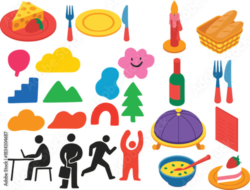 Colorful icons of food objects abstract shapes and activities collage style