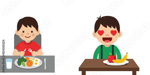 Cute Boy Eating Healthy Food Vector Illustration Showing Nutrition Meal Fruits Vegetables and Positive Emotion Concept for Kids