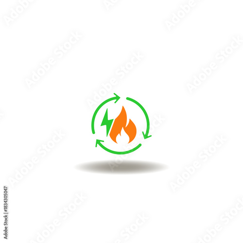 Vector illustration of arrows round process with fire flame and flash lightning. Symbol of metabolism.