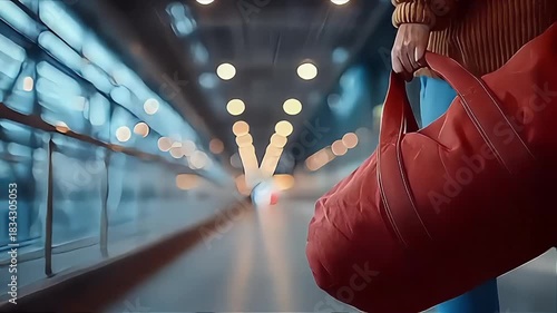 Urban Transit: Red Duffle Bag in Motion at Modern Station
