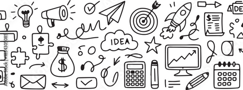 A black and white hand drawn doodle illustration representing business concepts and creative ideas, ideal for presentations and projects