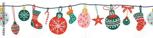 Seamless pattern border for Christmas and New Year festival with cute hanging ornaments in red and green color tones on a transparent background.