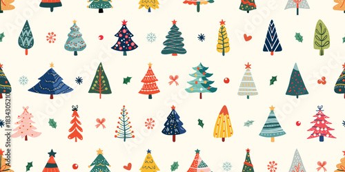 Seamless pattern for Christmas and New Year festival with cute various Christmas trees in colorful color tone on plain beige background.