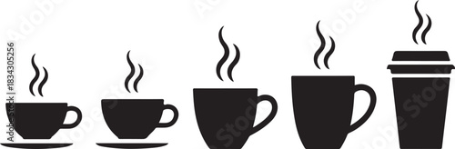 Steaming Coffee Cups Vector Set With Various Sizes and Styles in Black Silhouette for Hot Drink and Beverage