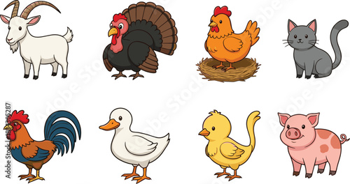 Farm Animal Cartoon Collection Vector Illustration Showing Goat Chicken Turkey Duck Pig Cat and Rooster Cute Rural Farming Concept