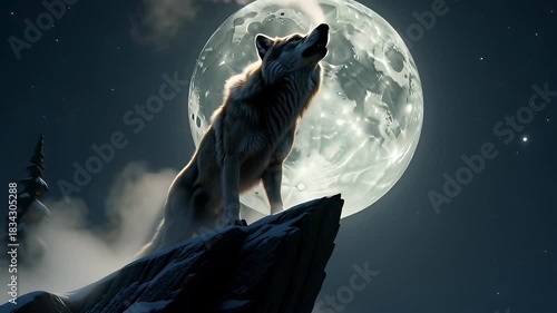 Majestic wolf howling at a giant full moon atop a snowy cliff in a cinematic 3D illustration, perfect for wilderness and halloween concepts.