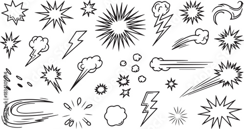 Collection of comic book style action and explosion sound effects represented as dynamic, hand-drawn graphic elements in black and white