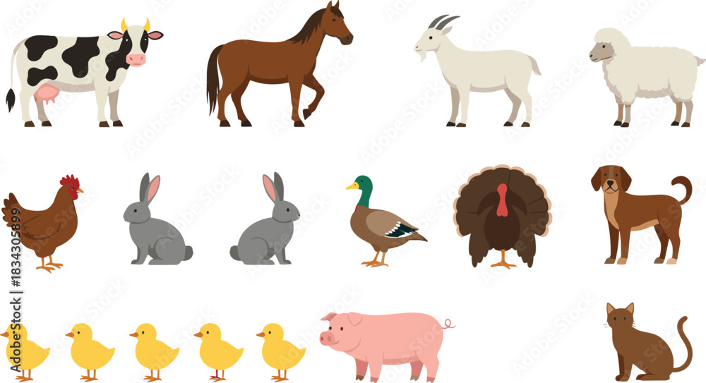 Fototapeta premium Farm Animal Collection Vector Illustration Showing Cow Horse Goat Sheep Pig Chicken Duck Dog Cat Rabbit and Chicks Cute Livestock Concept