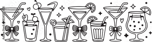 Black and white line art illustration of diverse cocktail glasses with elegant garnishes. Ideal for bar menus, party invitations, and festive design projects