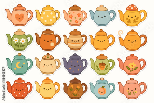 Collection of cute colorful teapots with unique designs and happy faces