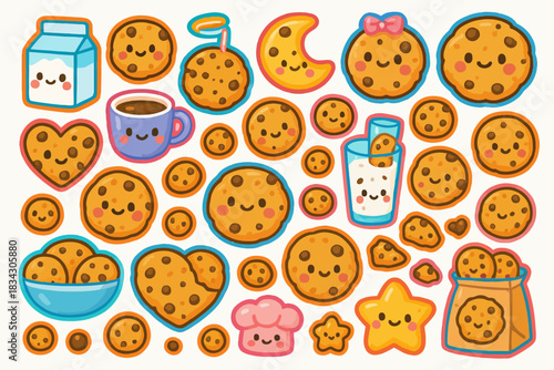 Cute cartoon cookies and milk with happy faces and accessories