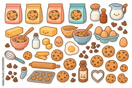 Cute baking ingredients and kitchen utensils with smiling faces