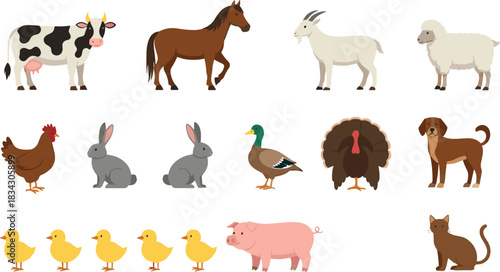 Farm Animal Collection Vector Illustration Showing Cow Horse Goat Sheep Pig Chicken Duck Dog Cat Rabbit and Chicks Cute Livestock Concept