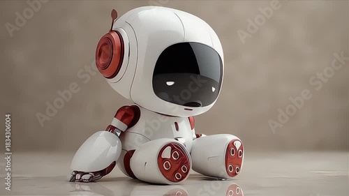 Crimson-Ear Tech Buddy: Compact White Robot with Red Accents Design