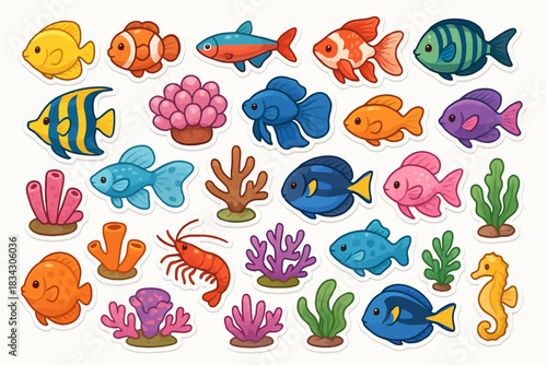 Colorful cartoon fish and coral stickers collection