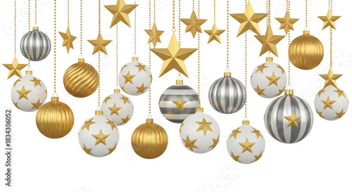 Golden Silver Christmas Ornaments Hanging Festive Holiday Decorations Background For Winter Sale