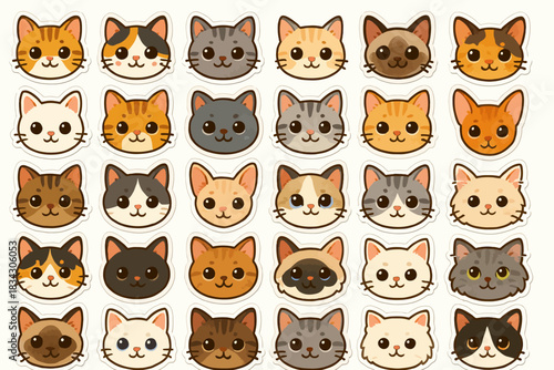 Cute cartoon cat faces in various colors and patterns