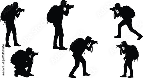 Professional Photographer Silhouettes Vector Collection, Illustrating Male Figures with Backpacks Taking Pictures in Diverse Poses, Emphasizing Travel, Photojournalism, Outdoor Adventure, and Digital 
