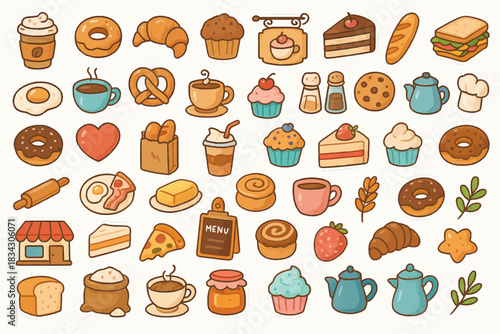 Cute cartoon food icons featuring desserts, breads, and beverages