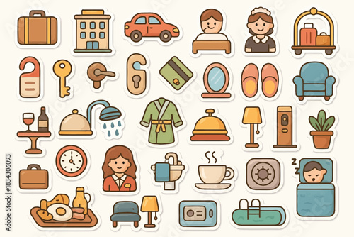 Colorful hotel-themed icons set with people in hospitality roles and amenities