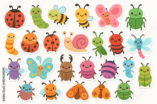Colorful cartoon insects collection with butterflies, beetles, caterpillars, and snails