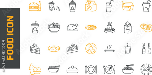 “Simple Black And Yellow Line Food Icon Pack Featuring Snacks and Kitchen Items”