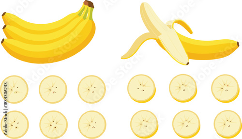 Fresh Banana Fruit Collection Vector Illustration Showing Whole Peeled and Sliced Bananas Healthy Food Nutrition Design Concept