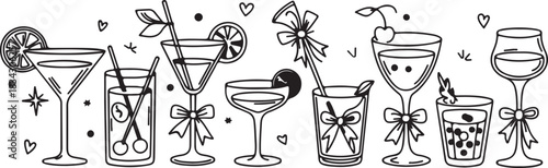 A Whimsical Collection of Hand-Drawn Black and White Cocktail Illustrations, Perfect for Party Invitations and Decorations