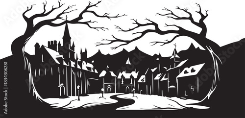 Halloween Gothic village and city Christmas horror city Barren trees and bats Scary city Night city