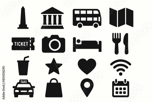 Travel and tourism icons: transportation, accommodation, dining, and maps