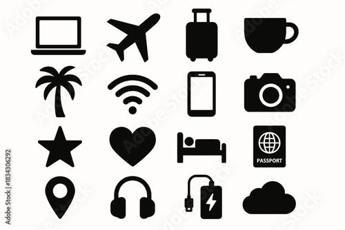 Travel icon set: airplane, suitcase, camera, passport, wifi, heart, bed, headphones