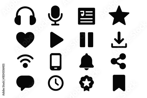 Set of 16 black multimedia icons including star, heart, and microphone symbols