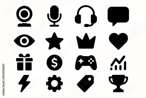Collection of black silhouette icons including microphone headset and game controller
