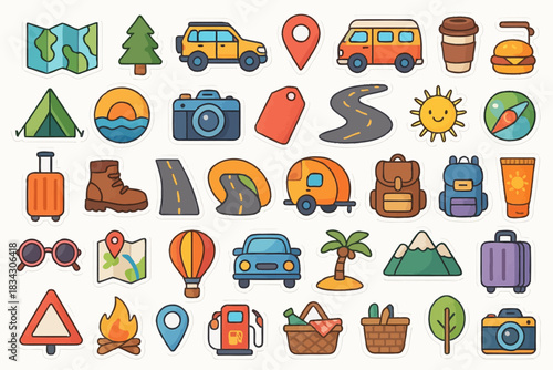Colorful travel and camping icon set featuring vehicles, maps, and nature elements