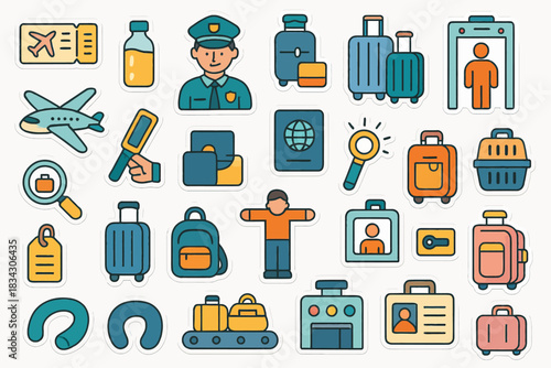 Illustrated travel and security icons featuring airport themes and travel essentials