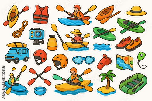 Colorful kayaking adventure stickers featuring equipment and adventure scenes