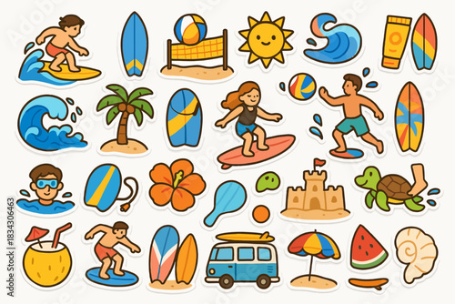 Colorful cartoon beach stickers: surfing kids, tropical icons, sea fun
