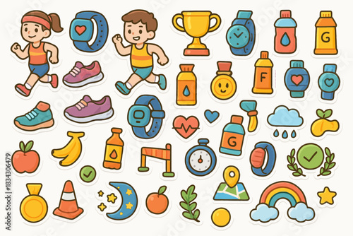 Cartoon fitness stickers: running, sports gear, and healthy living