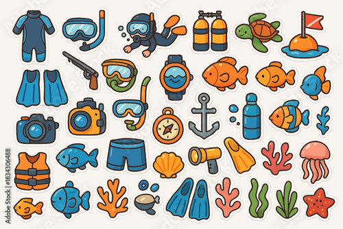 Colorful cartoon beach and ocean adventure icons collection